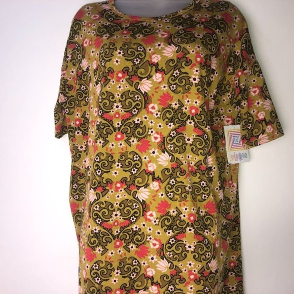 Lularoe Irma Green w/Pink Floral & Paisley Design Mini Dress‎ Women's XS NWT